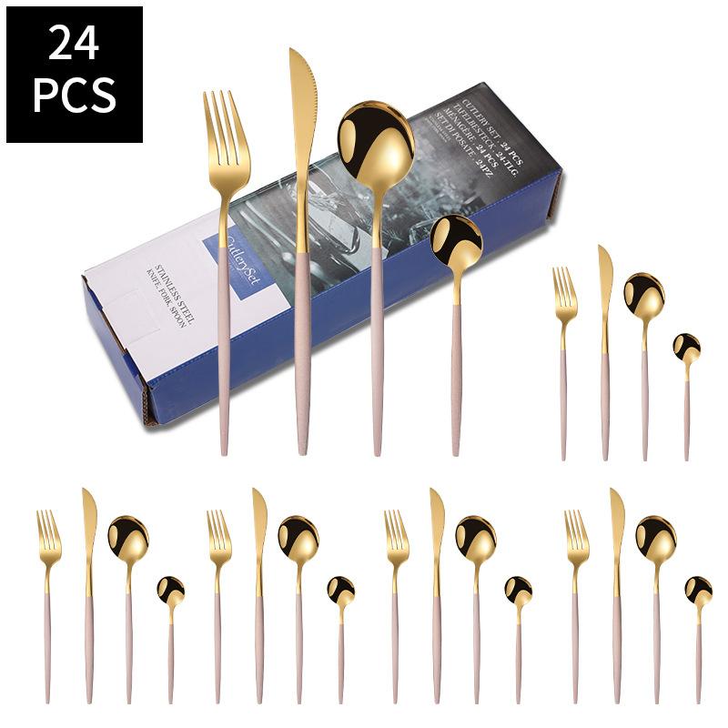 24pcs Gold Dinnerware Set Stainless Steel Steak Knife Fork Coffee Spoon Teaspoon Flatware Dishwasher Safe Kitchen Tablewar