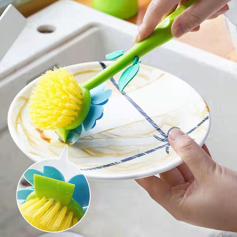 Hand Washed Pot Brush Bowl Brush with Handle Long Brush for Washing Dishes Pot Brush Kitchen Cleaning Supplies, Sunflower Brush