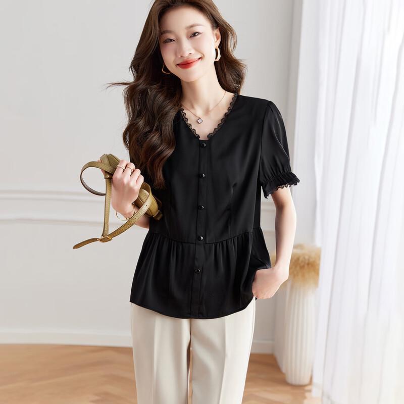 Srcr Women's Silk Blend Lace Trim Short Sleeve Top