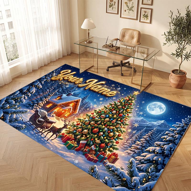 Weicher Kristall-Samt-Teppich mit Weihnachtsmotiv, individuell bedruckbar mit Namen & Text, rutschfester Bodenläufer für Schlafzimmer, Wohnzimmer