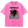 T-Shirt Vintage Gewaschene Baumwolle T-Shirt Japanischer Stil Katzenliebhaber Catzilla Grafik T-Shirt Lässig Streetwear Frühling Sommer