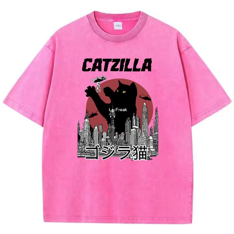 T-Shirt Vintage Gewaschene Baumwolle T-Shirt Japanischer Stil Katzenliebhaber Catzilla Grafik T-Shirt Lässig Streetwear Frühling Sommer