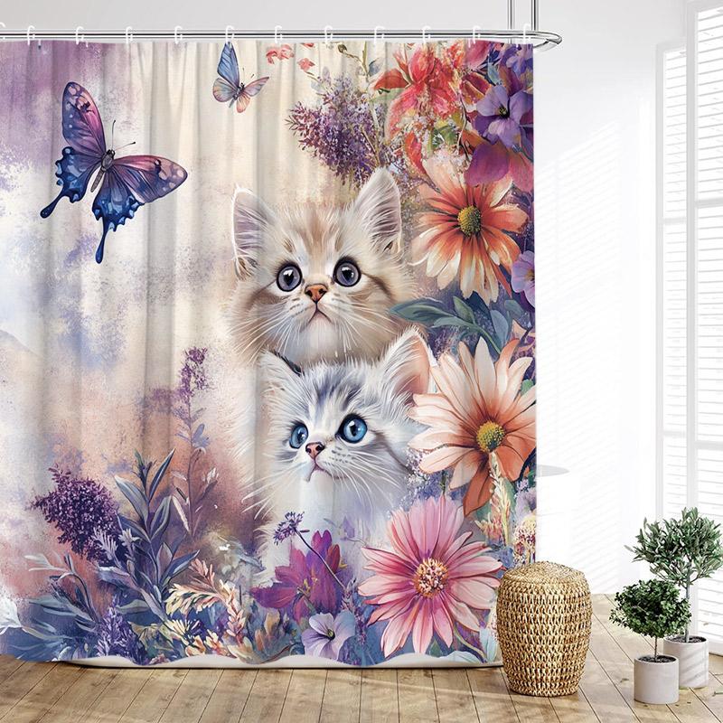 Cute Cats Shower Curtain Vintage Watercolour Floral Plant Animals Pet Kids Bath Curtains Fabric Home Bathroom Decor With Hooks
