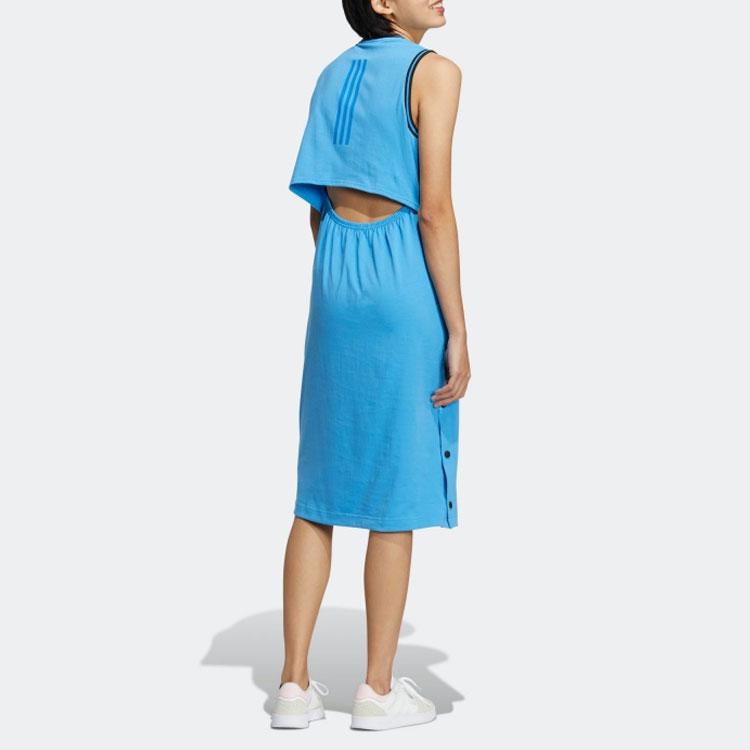 Adidas Neo Solid Color Side Button Round Neck Sleeveless Dress Women Dresses Blue HN0014