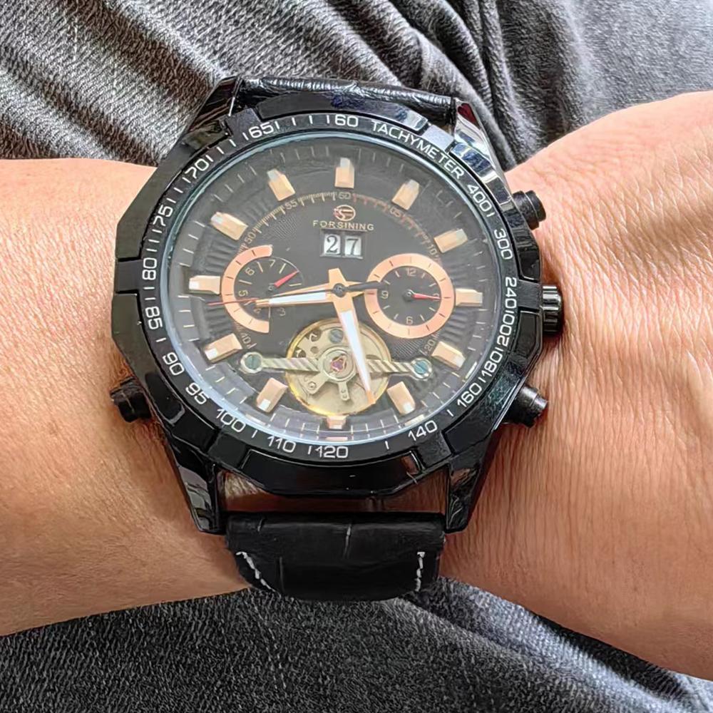 New Black Men Watches Automatic Mechanical Watch Tourbillon Clock Genuine Leather Waterproof Watch Men Military Wristwatch Man
