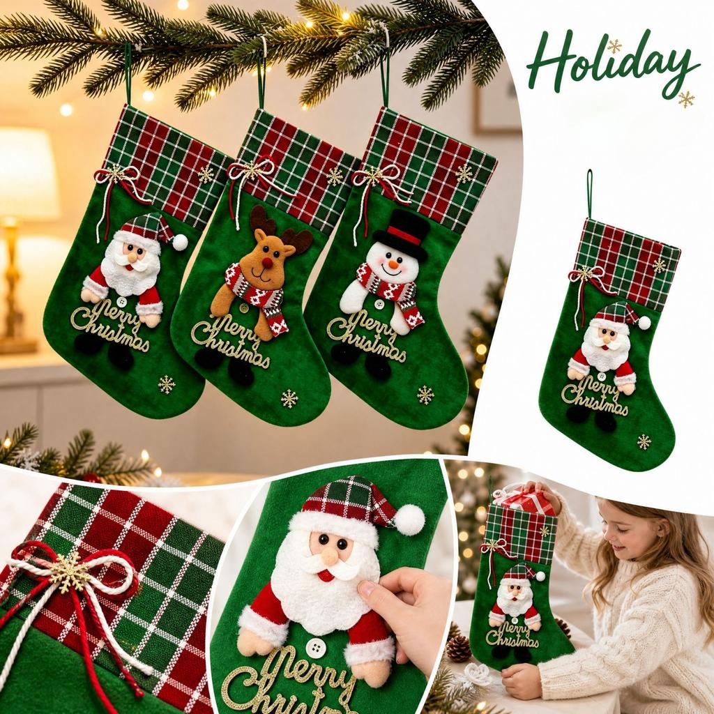 Green Christmas Stocking Hanging Ornament for Home Holiday Decor