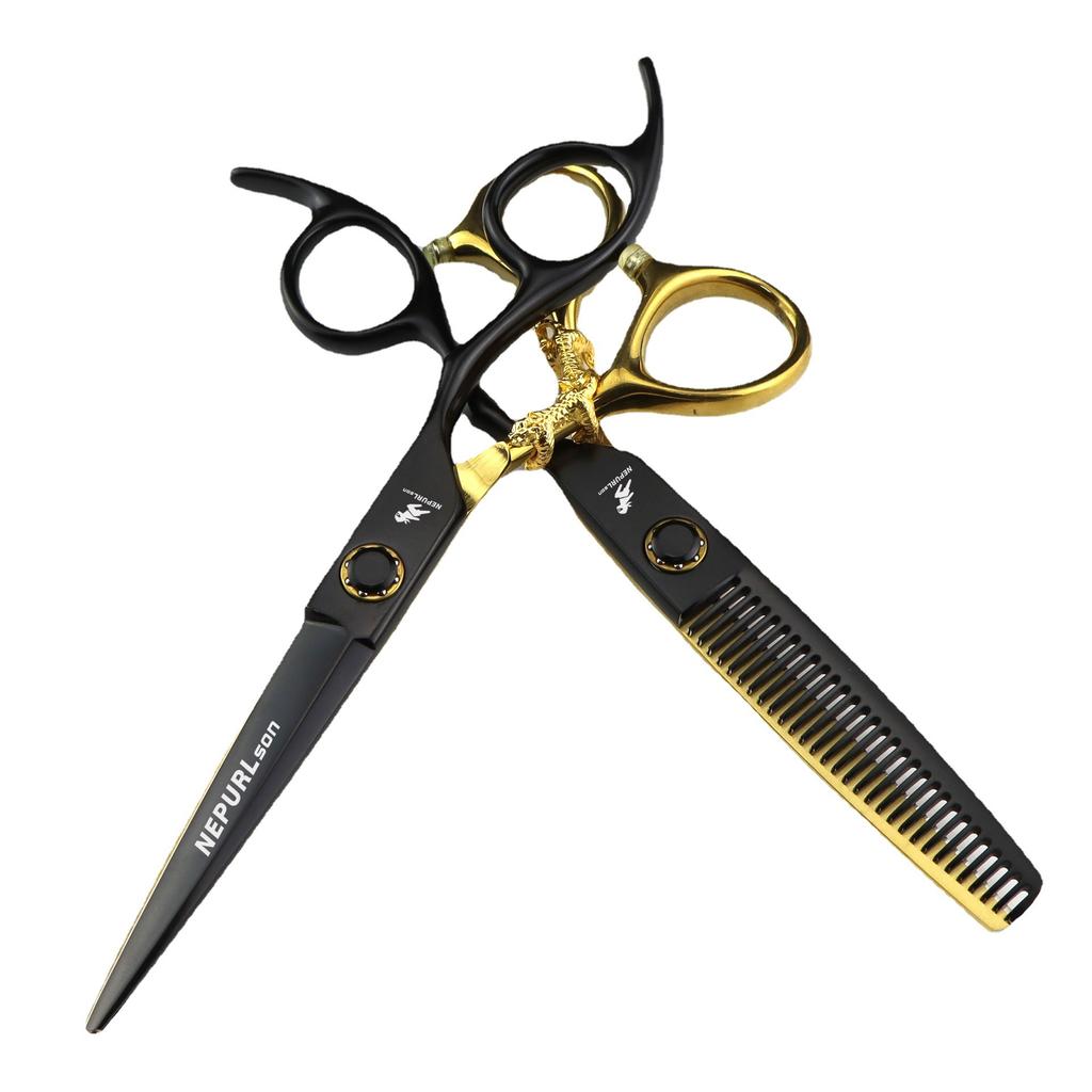 6.0 Inch Nimpson, Lacquered Black Bearing Screws, Flat Scissors, Hair Scissors, Straight Scissors, Tooth Scissors, Small Golden Tiger