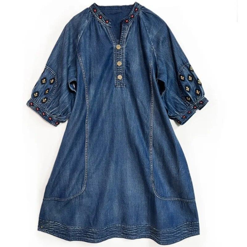 Johnature Retro Kapesní Zařízení Bavlna Ležérní Jednobarevné Áčkové Šaty Poloviční Rukáv Výstřih do V Volný Vintage Styl Výšivka Šaty