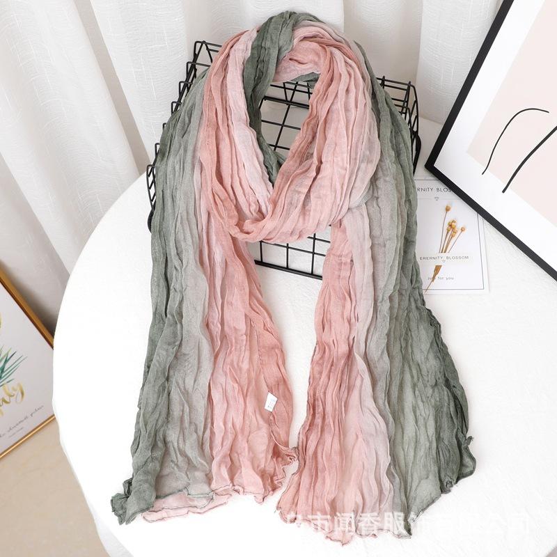 Contrast Color Cotton And Linen Wrinkled Scarf Female Literary And Artistic Fan Atmosphere Warm Silk Scarf Retro Gradual Change Color Scarf Shawl