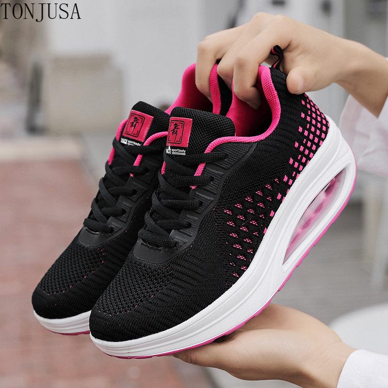 New Women's Thick Sole Heightening Sneakers Colorblock Breathable Student Casual Running Shoes