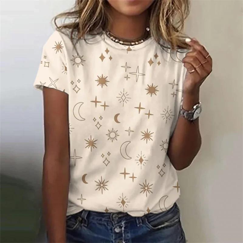 Large Size 3D Printed Sun Star Moon Women's T-shirt, Starry Sky Pattern T-shirt, Casual Loose T-shirt, Round Neck Top, Short Sleeved Shirt