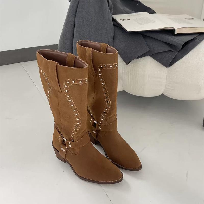 

Ретро коричневые сапоги детские 2025 новые осенне-зимние сапоги до колена заклепки вестерн рыцарские сапоги 42 коричневый