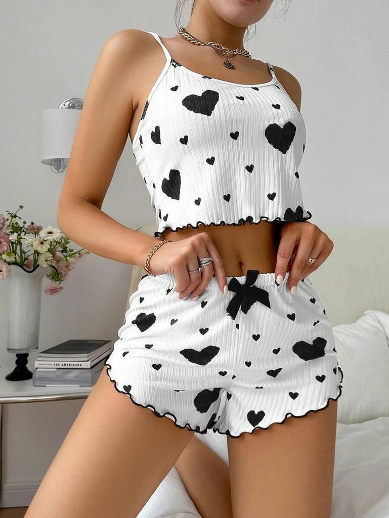 Heart Print Spaghetti Strap Shorts: European & American Style Women's Casual Ribbed Knit Pajamas