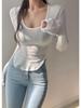 Korean Spring/Summer Slim Fit Sexy U-Neck Sheer Long Sleeve Curved Hem T-Shirt for Women