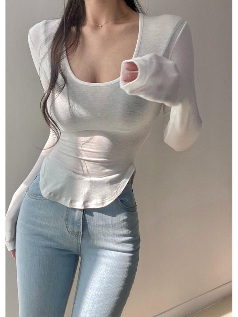 Korean Spring/Summer Slim Fit Sexy U-Neck Sheer Long Sleeve Curved Hem T-Shirt for Women