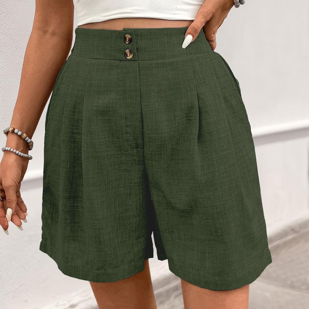 Women's Loose Casual Pants Button -Color High Waist Straight Shorts