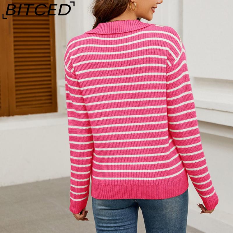BITCED Women's Autumn/Winter Striped Sweater Casual Oversized Long-Sleeved Minimalist Pullover Knit Base Layer