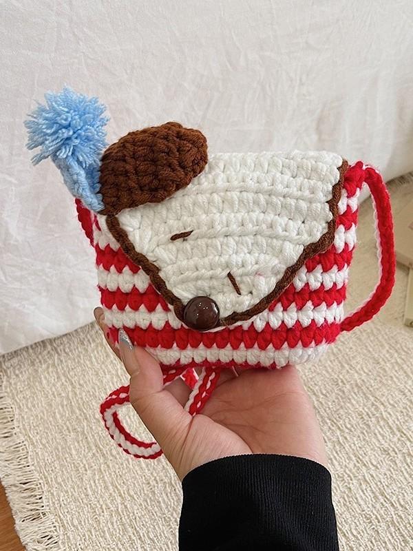 Cute Dog Knit Mini Shoulder Bag With Hook And Loop Closure For Daily Use
