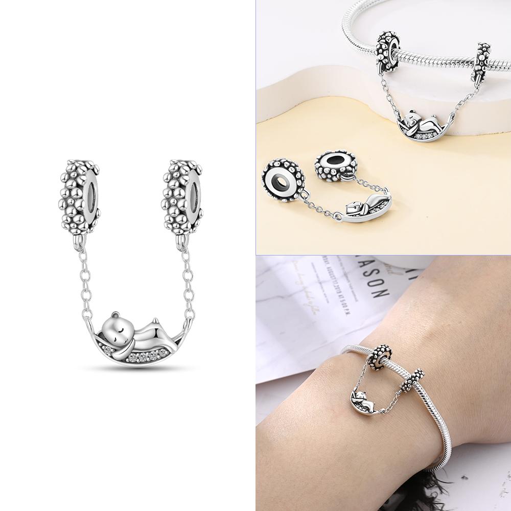 Original 925 Silver Black Cat Moon Cat Paw Pendant Charms Bead Fit Bracelet Women Jewelry Diy Anniversary Gift Accessories