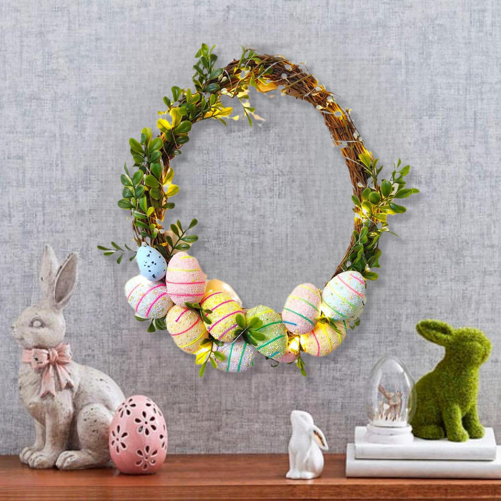 

Освещенный пасхальный венок из яиц, декоративный искусственный ротанг, подвесное украшение для входной двери no Bow