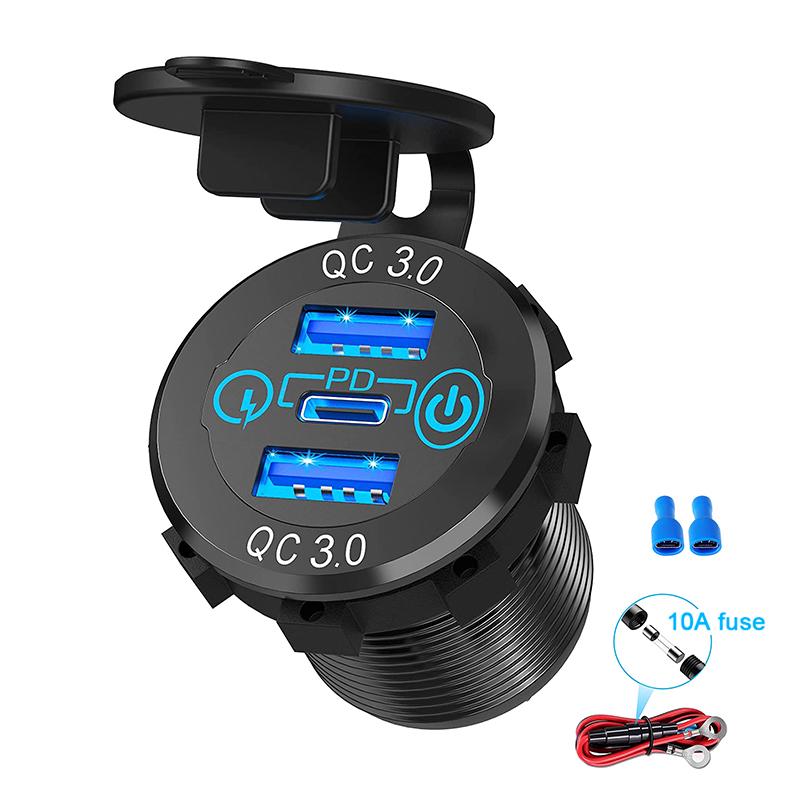 12V-24V 60W Trojitá USB Zásuvka do Autozapalovače PD3.0 & Dvojitá QC3.0 s Dotykovým Spínačem Rychlonabíjecí Adaptér Autobus Přívěs Lodě