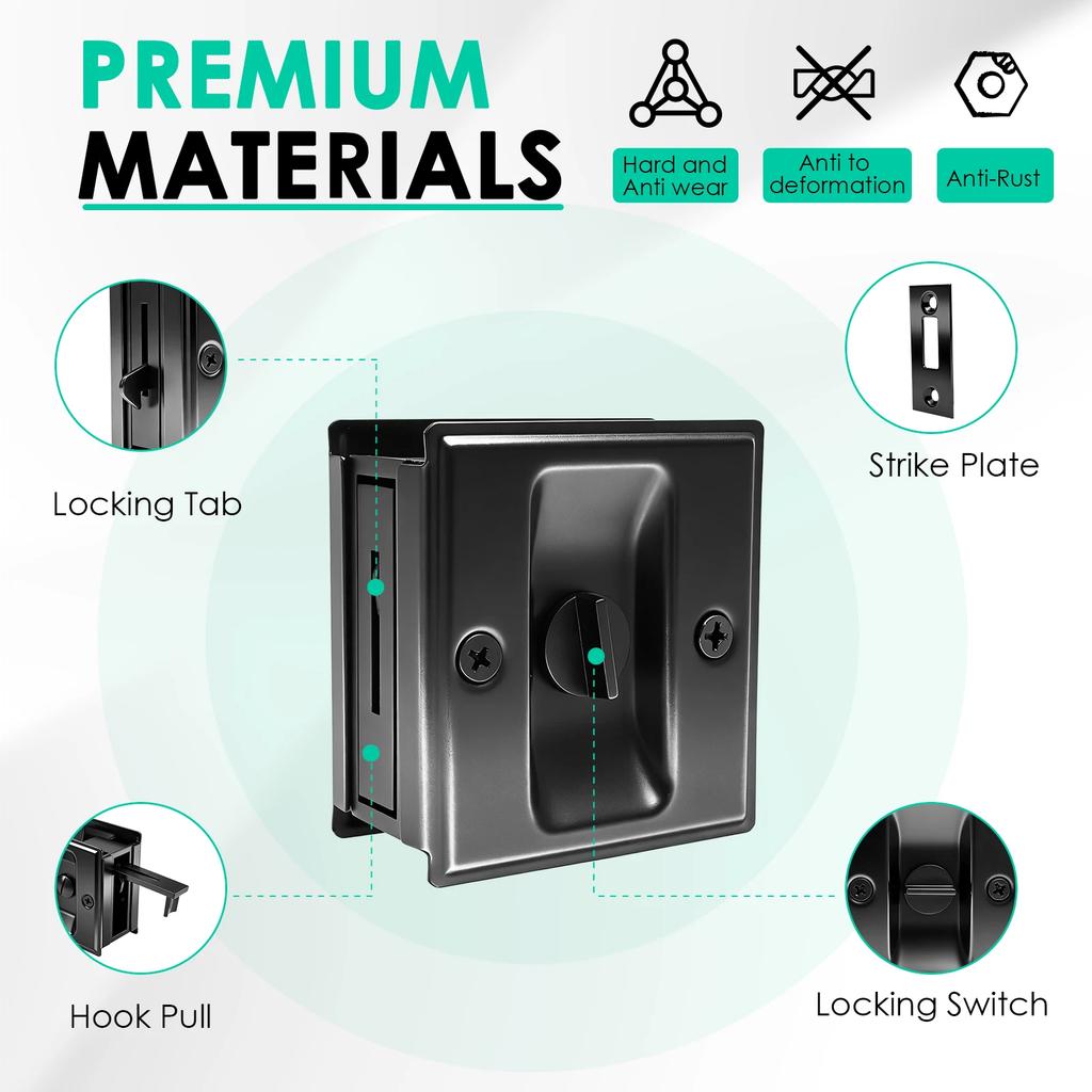 Cerradura de Puerta Corredera de Privacidad con Tirador Acero Inoxidable Herrajes para Puerta de Bolsillo Corredera Pestillo Deslizante para Puerta de 1-3/8” de Espesor
