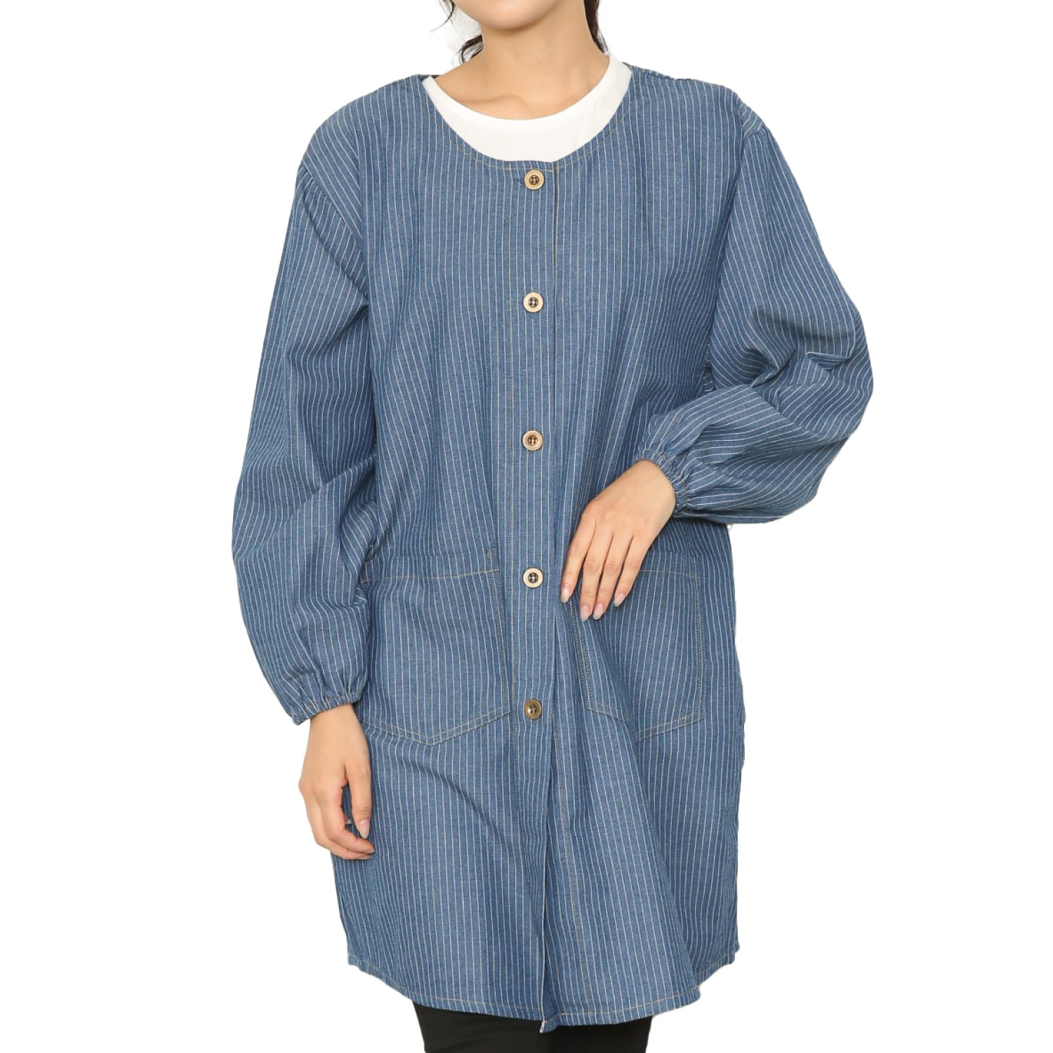 

[ON NISHIKI] Denim Smock Apron for Women (Solid Color/Hickory) Stylish and Cute Denim Smock, Front Opening, Loose Fit, Long Length, with Sleeves and P