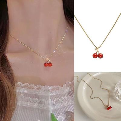 Cute Red Cherry Cherry Pendant Necklace Golden Chain Jewery Accessories Fruit Chain Necklace Necklace Jewery Party
