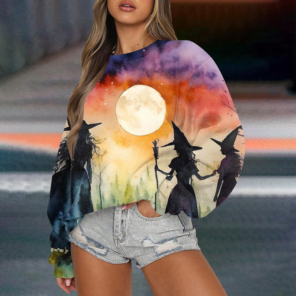 Women's Casual Fashion Printed Long Sleeved Knitted Sportswear Top, Loose Fit Halloween