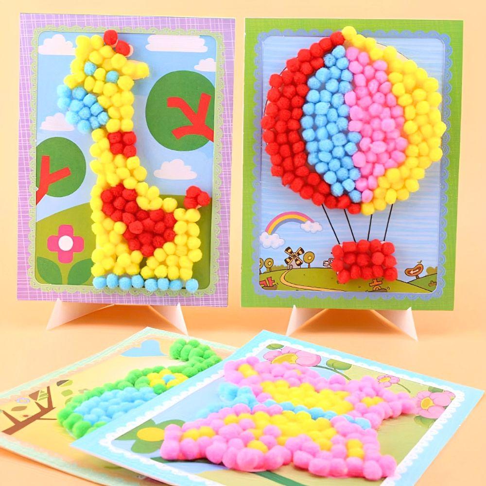 4 Sets Pompoms Painting Set Including Colorful Craft Fluffy Balls & Printed Paper DIY Decoration Birthday Gift Prize YMY