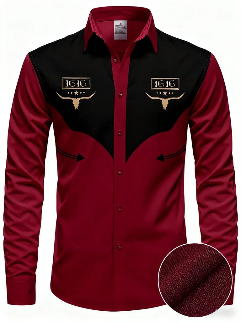Western Style Long Sleeve Button-Up Shirt with Bull Skull & 9191 Graphic