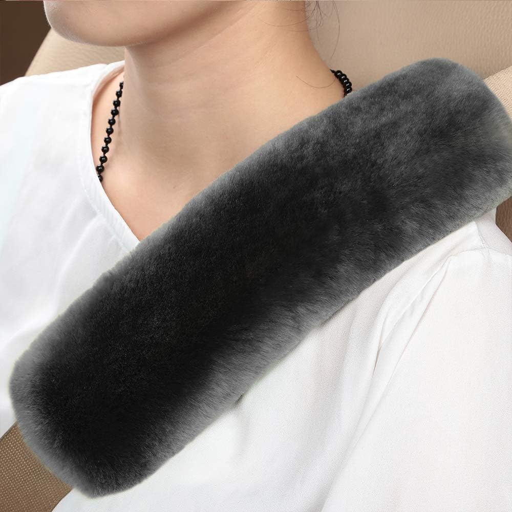 2 Pack Sheepskin Car Seat Belt Cover Pads | Wool Seatbelt Cushions | Fuzzy Soft Seat Belt Should Pad Cushion Protect Neck | Stylish Luxury Appearance