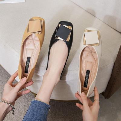 Women Flats 33-43 Square Head Flat Shoes Spring Summer Khaki Apricot Office Lady Moccasin-Gommino Working Shoes Leather