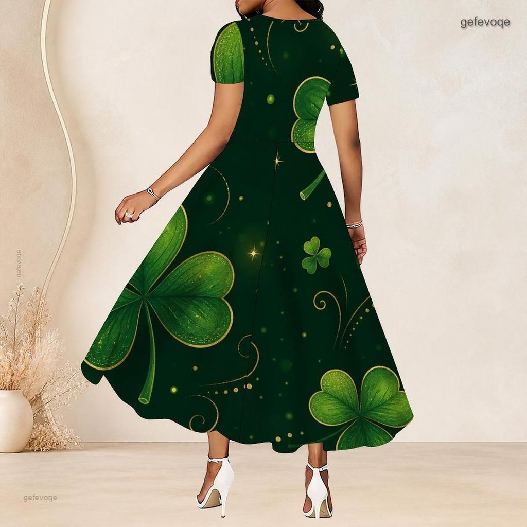 Women Plus Size Round Neck Short Sleeve Clover Printed Dark Green A Line Long Dress
