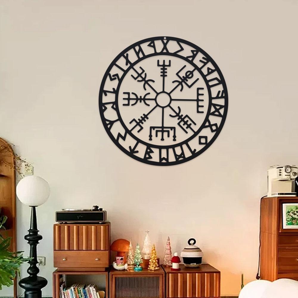 Metall Wikinger Wanddeko, Nordische Metall Wikinger Wandkunst für Schlafzimmer Wohnzimmer Zuhause, Schwarzes verwittertes Metall Kompass Kunstwerk
