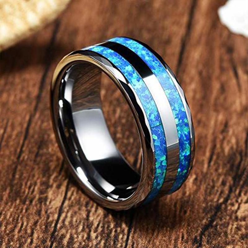 

Модные мужские кольца из нержавеющей стали цвета меди, высоко полированные, с двойной канавкой и инкрустацией синим опалом, свадебные и помолвочные кольца для женщин 8