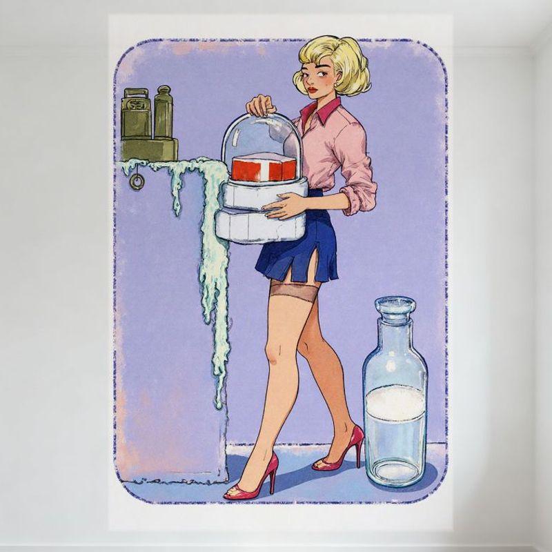 Sexy Retro Blonde Woman In Pink Shirt Dark Blue Skirt High Heels Vintage Surreal Art Tin Sign for Bar Home Decor, 8x12 Inch Meta