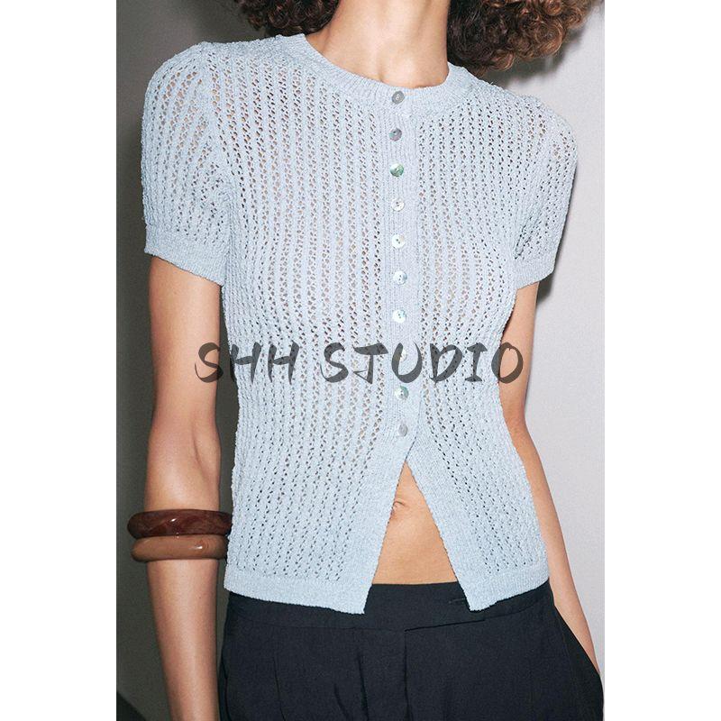 Summer New Product Women's Clothes Sweet Style Single-Breasted Round Neck Short Sleeve Jacquard Mesh Knitting Tops 5802020