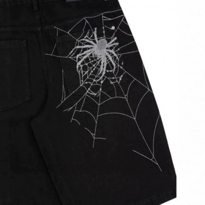 Unisex Streetwear Weite Gerade Geschnittene Jeans mit Spinnennetz-Stickerei Lockerer Sitz Mittlere Leibhöhe Baumwoll-Jeans