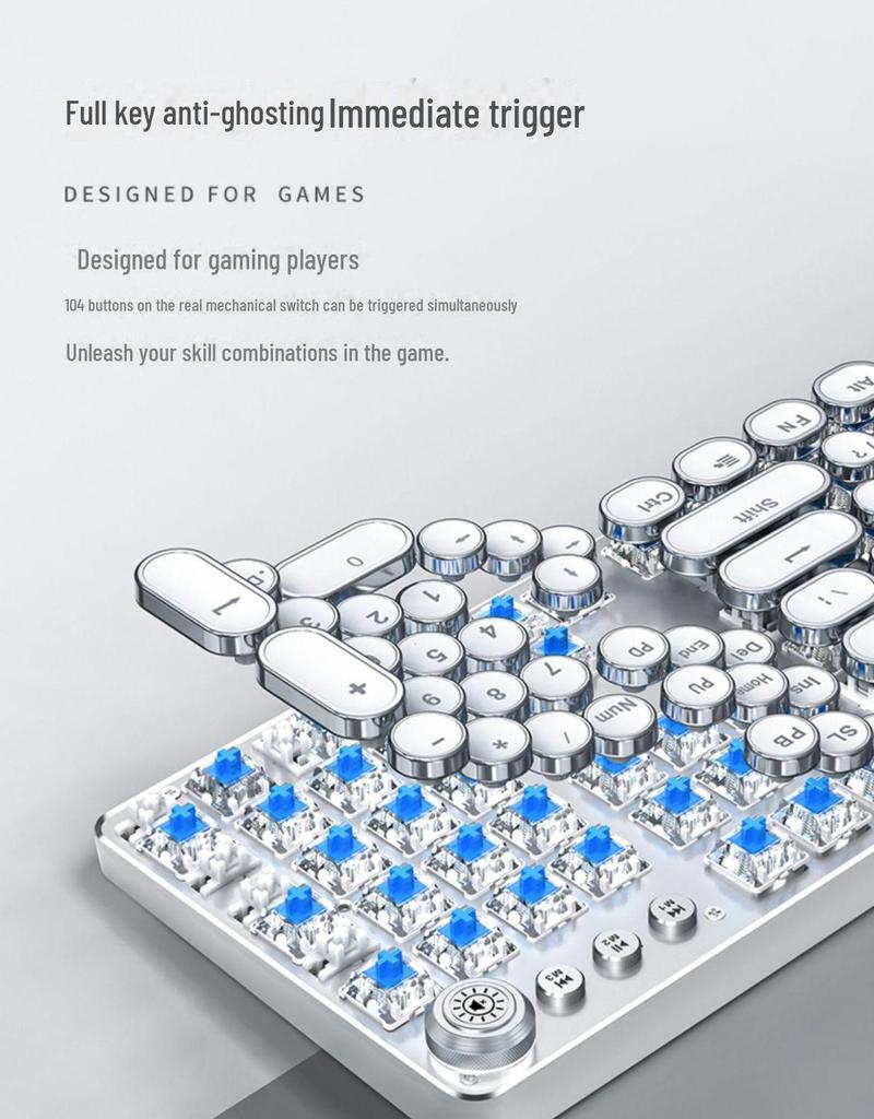 Wired TK100 Retro Steampunk Mechanical Gaming Keyboard with Blue Axis and Knob