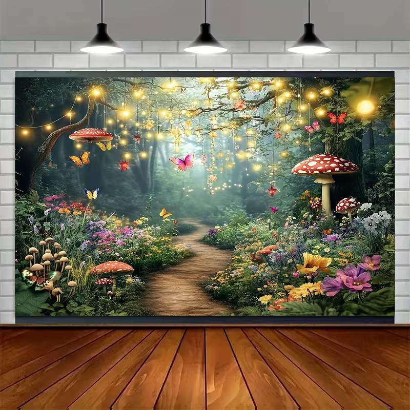 2D Printed Enchanted Fairy Forest Backdrop, Glowing Firefly & Mushroom Path Photo Background for Studio