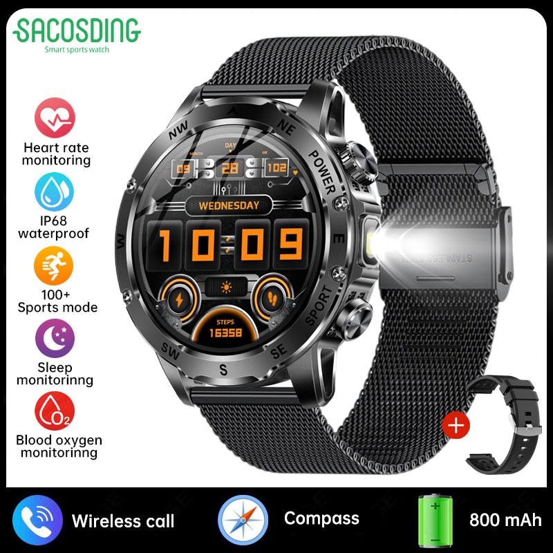 SACOSDING 800mAh Bateria de Grande Capacidade Smartwatch Masculino Outdoor Bússola Lanterna IP68 Esportivo Fitness Chamada de Voz Homem Smartwatch