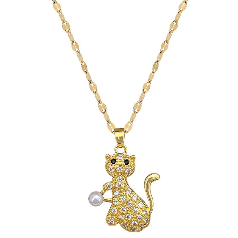 Titanium Steel Pearl Cat Light Luxury Temperament Gorgeous Full Diamond Necklace Female Versatile Collarbone Chain Titanium Steel Chain