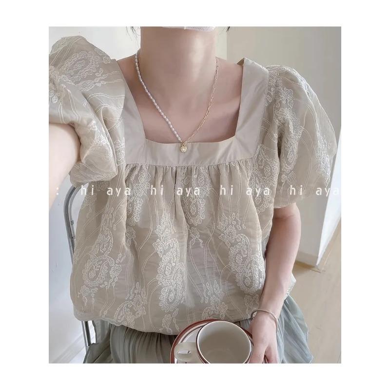 Womens Paisley Embroidered Square Neck Puff Sleeve Blouse S бежевый