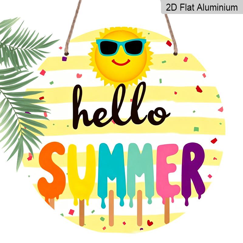

2D Flat, 1pc Round Aluminum Hello Summer Metal Sign, Summer Themed Suitable for Porch & Front Door Decor with Sun, Popsicle & Confetti Design 7.87×7.87inch