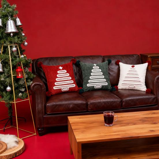 Christmas Tree Pattern Throw Pillowcase with Tassel Hair Ball Decoration Pillow Cover Farmhouse Style Cushion Cover