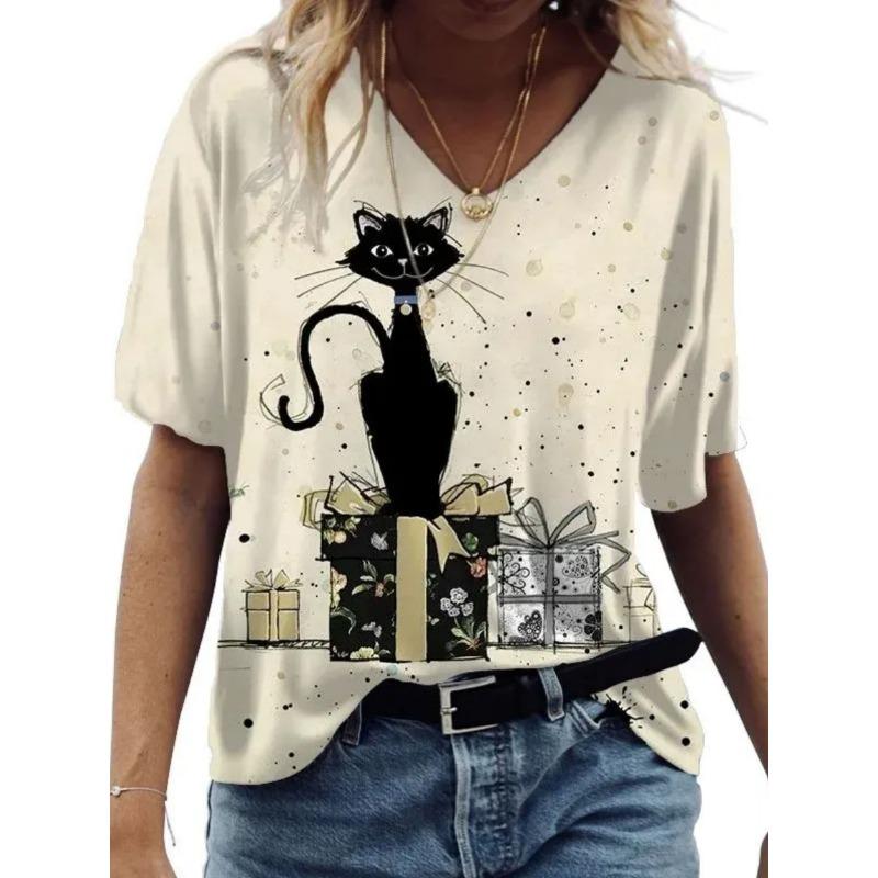 Women's V-neck Short-sleeved T-shirt with Cute Kitten Print
