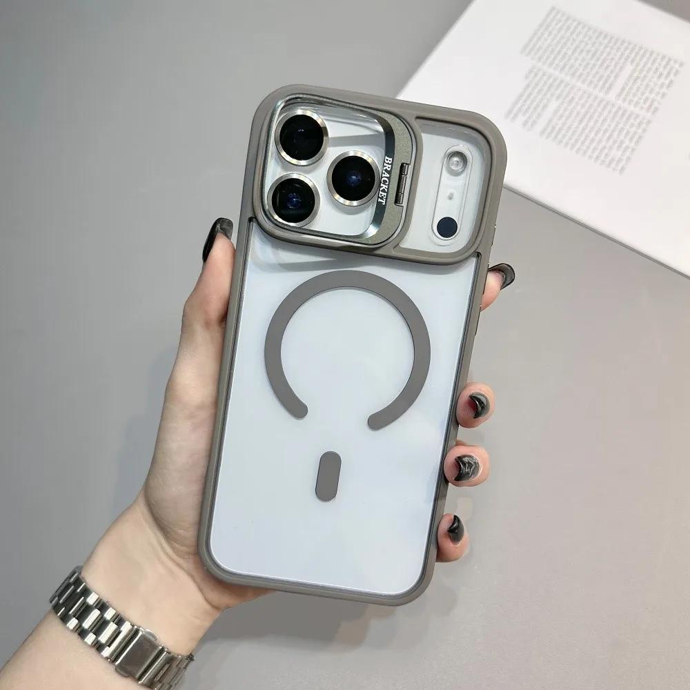 Fashion Metal Magnetic Lens Stand Case For iPhone 17 Air 16E 15 14 Plus 13 12 11 Pro Max Wireless Charge Camera Protective Cover