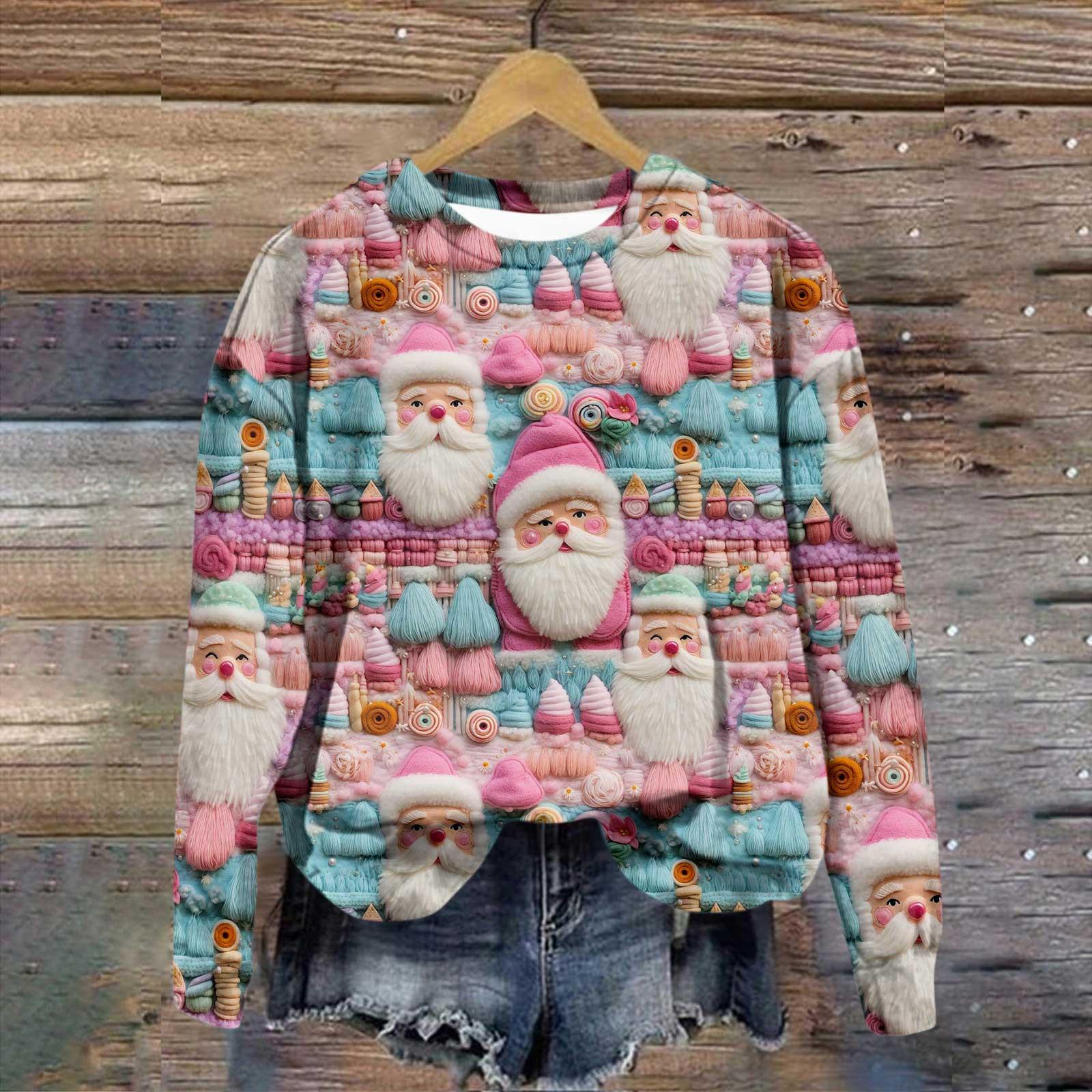 

Женская повседневная модная рождественская печать с длинным рукавом и круглым вырезом, пуловер, верхняя блузка XXXL розовый