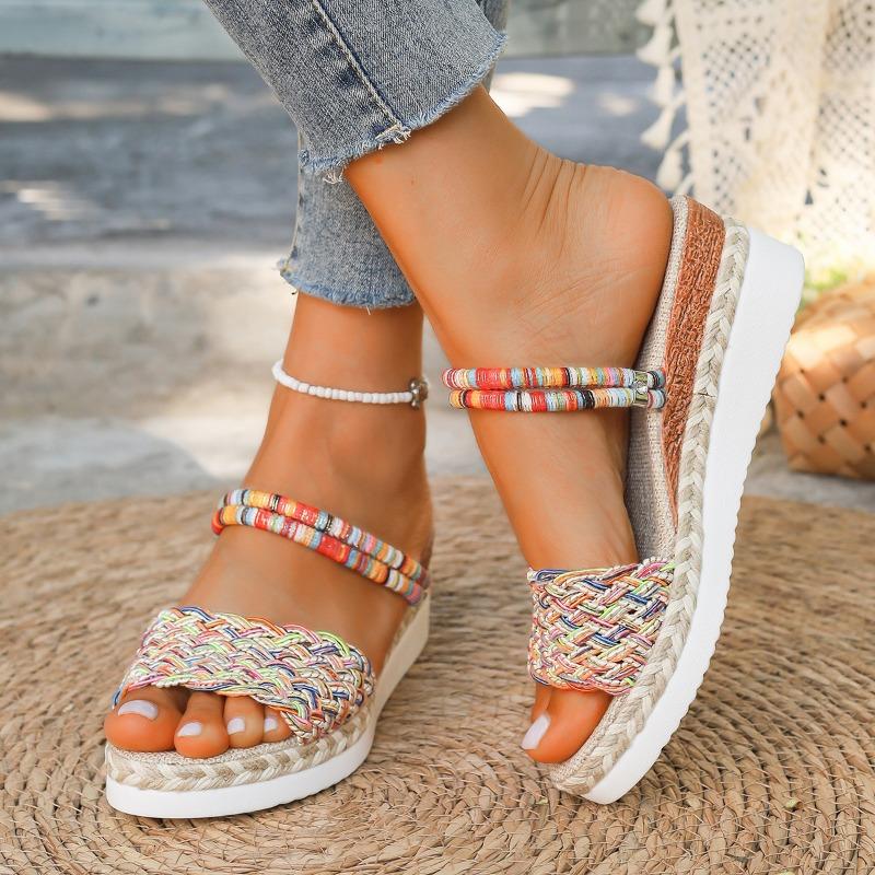 Summer new sandals wear large size casual two wear hemp rope woven wedge heel colored sandals women